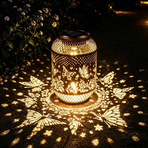 Solar Lanterns Light, Butterfly Flower Solar Lanterns Outdoor Garden Ornaments, Gardening Presents for Mum Grandma Her, Hanging Solar Lanterns for Patio Lawn Yard Decor, Birthday Gifts Unique