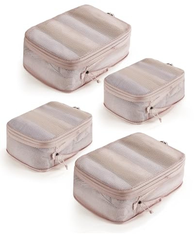 ECOHUB Kompressions Packing Cubes 4-teiliges Set, Koffer Organizer mit Kompression – bis zu 60% Platzersparnis, 3-lagig Verstärkt & Reißfest, Packwürfel für Koffer, aus recyceltem PET(Beige)