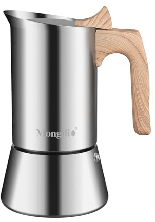 Mongdio Stovetop Moka Pot, Stainless Steel Espresso Maker, 10 oz (6 Cups)