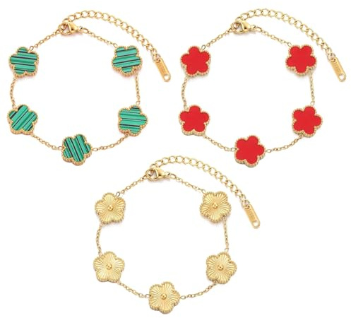 TENGWA 18k förgyllda smycken 3 stycken smycken guld vattentät 17 + 5 cm klöverarmband lycklig klöver present till födelsedag årsdag alla hjärtans dag mors dag eller nyår, Mittelgroße, Rostfritt stål