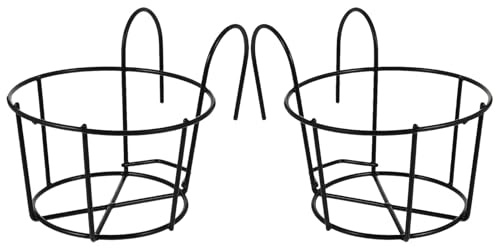 DEARMAMY Supporto per Vaso di Fiori in Ferro Battuto Nero, 2 Pezzi, Ganci per Ringhiera Balcone, Mensola Sospesa per Piante da Interno e Giardino, Struttura Resistente e Salvaspazio