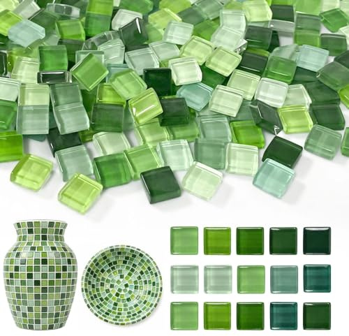 Ehanfus 1KG Tessere Mosaico Quadrate in Cristallo Colorato Piastrelle | Pietre Mosaico per Fai da Te, Pietre Mosaico Vetro, per Decorazioni Artigianato DIY e Attivita Creative(Sfumatura verde)