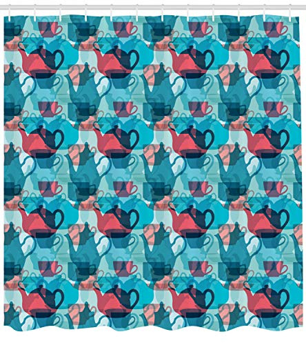 Ambesonne Tea Party Shower Curtain, Crockery Composition Abstract Overlapping Silhouettes Teapot and Cups, Fabric Bathroom Decor Set with Hooks, 105 inches Extra Wide, Dark Coral Pale Blue