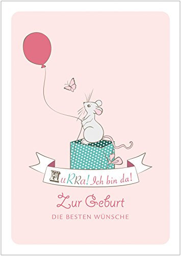 Danksagung Geburt | Geburtskarten mit Mäuschen, Geschenk, Luftballon und Schmetterling in rosa Hurra! Ich bin da! Zur Geburt die besten Wünsche (Mit Umschlag) (8)