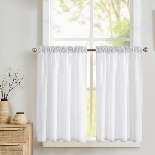 TOPICK Blickdicht Scheibengardinen Küche Weiß Bistrogardine mit Tunnelzug Gardinen Kurz mit Waffel Muster Halbtransparente Küchengardinen für Kleine Fenster Wohnmobil Landhaus 2er Set 90Bx60H cm