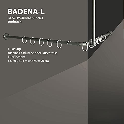 Winkelstange Duschvorhang Stange Anthrazit Weiß Silber Schwarz Bad Stange Winkel, U und L-Form inkl.Deckenhalterung (L-Form 80x80cm, Anthrazit)