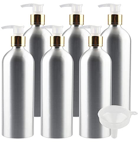 ZEOABSY 6 Piezas Rellenables vacío 500 ml Botella de Aluminio Plata con translúcida jabón Bombas Dispensadoras, para Champú de Loción, Gel de Ducha,Envase Cosmético