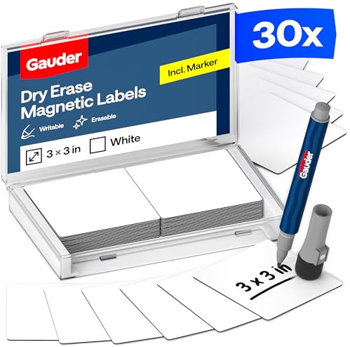 GAUDER Magnetstreifen beschreibbar, Magnetschilder Kanban (30 Stk, 75x75mm) | Magnetschilder zum Beschriften, beschreibbare Magnete zum Beschriften, Magnetetiketten für Kanban Board, mit Marker