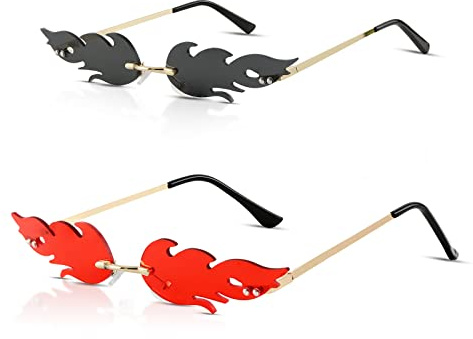 Johiux Lustige Flammen Sonnenbrille Karneval Partybrille,Flammen Kostüm Faschingsbrille Rahmenlose Persönlichkeitsbrille aus Metall im Punk-Stil mit Flammenform für Männer und Frauen.