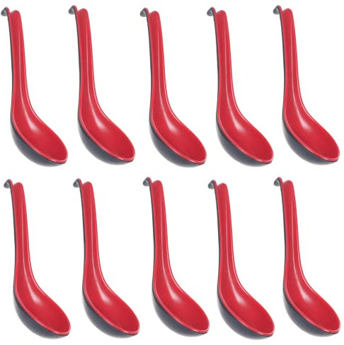 Lot de 10 cuillères à long manche en mélamine rouge et noire, grande cuillère asiatique avec crochet pour ramen Udon nouilles soupe Wonton Soba riz pho mangeant mélangeur mélangeur 16 cm