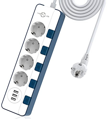 Steckdosenleiste überspannungsschutz(4000W 16A),KEPLUG Mehrfachsteckdose mit 3 USB, einzeln schaltbar wandmontage kindersicherung,Steckdose 2 m Kabel