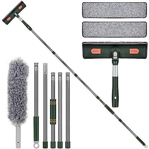 VORHOT 2 en 1 Limpia Cristales Extensible Ventanas, 210cm Rasqueta Limpiacristales Ducha con 2 Paños de Microfibra, 180° Giratorio Window Squeegee Plumero para Azulejos Ventanas Altas