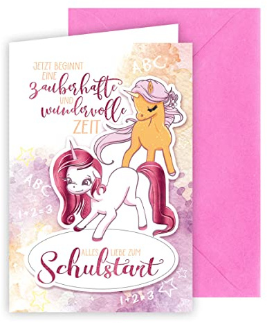 KE - Einschulungskarte mit exklusiver Folienprägung, B6 Format 17,0 x 11,5 cm, inklusive Umschlag, perfekt für den ersten Schultag, Motiv: Einhorn