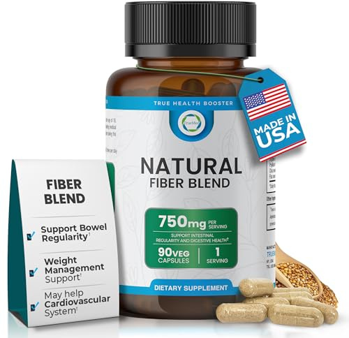 TRUEMED 3-in-1 Fiber Supplement – 750mg Organic Blend with Psyllium Husk, Chia & Flax Seed – Plant-Based Fiber Capsules for Digestive Health & Cardiovascular Wellness – Made in USA – 90 Count