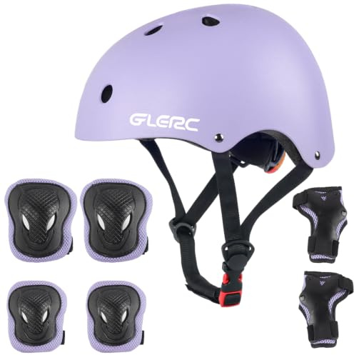 Glerc Set de protección infantil con casco para rodillas, codos y muñecas para niños y niñas mayores de 8 años, patinetas, monopatines, bicicletas, juego de protección ajustable, morado