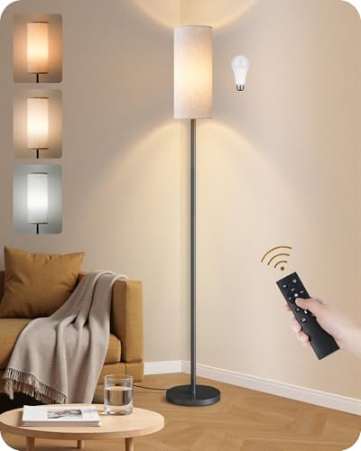 Dimmable Floor Lamp for Living Room with Remote and Foot Switch, Corner Floor Lamp, 64.4 Standing Tall Lamp, 10W 900LM LED Bulb Included, 3000K-6500K, Linen Shade, Weighted, FCC Listed W06LD05W1