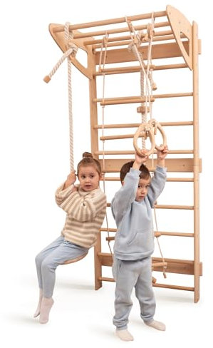 Wood And Hearts Drinnen Schwedische Leiter mit Seilzubehör, Kletterüberwurf für Kleinkinder, Baby-Kletterstruktur, Kinderkletterer in natürlicher Holzfarbe (Mit allem Zubehör)