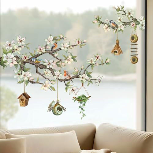 Supzone Spring Birds Flower Branches Window Stickers Hanging Bird House Green Leaves Window Decals Anti Collision Double-Side Static Window Clings for Home Window Glass Door Decoration