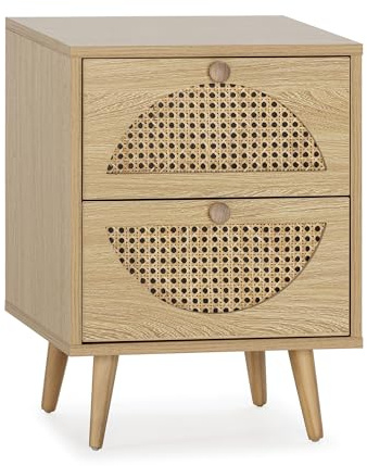 HOMN LIVING Mesita de Noche Luna 2 cajones Color Roble, 40 cm (Ancho) 35 cm (Profundo) 53 cm (Altura)
