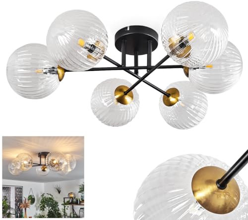 HOFSTEIN Deckenleuchte Chehalis, 6-flammige Deckenlampe aus Metall/Riffelglas in Schwarz/Gold/Klar, Leuchte im Retro/Vintage-Design, Ø Schirme 15 cm, G9, Esszimmer, Schlafzimmer, Wohnzimmer, Küche