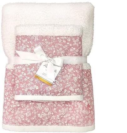 Set di Asciugamani da Bagno di Alta Qualità, 100% Cotone, Made in Italy - Morbidi, Assorbenti e Eleganti - Ideali per il Tuo Bagno di Stile! (Fiorellino rosa)