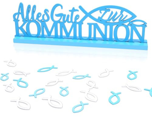 LOPOTIN 50TLG Tischdeko Kommunion Deko Schriftzug Kommunion Holzfische Erstkommunion Deko Junge Aufsteller Alles Gute zur Kommunion Streudeko Fische Deko Blau für Junge Taufe Konfirmation
