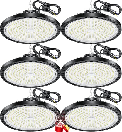 YIQIBRO Faro LED 200W 6 Pezzi, 20000LM UFO Lampada da Officina Industriale, 6500K Bianco Freddo Lampada da Garage, IP65 Impermeabile Faretto LED, UFO Plafoniera per Garage Magazzini Fabbrica Palestra