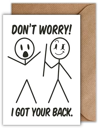 Lustige Karte „Don’t Worry – I Got Your Back“ mit Umschlag – witziger Stickman-Gruß für Freunde & Kolleginnen Aufmunterung oder kleine Aufmerksamkeit (DIN A6)