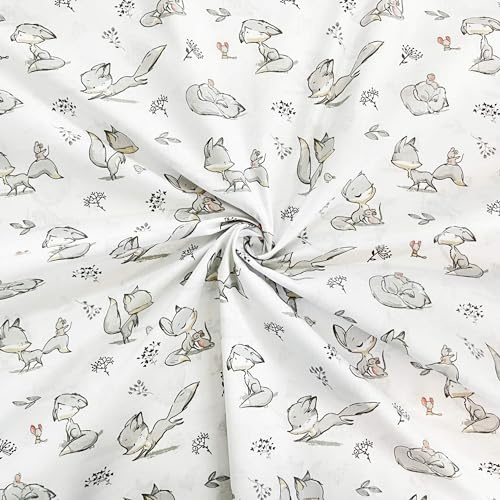 Textrend Baumwollstoff - Stoff zum Nähen - 100% Baumwolle - Textilien 1x1.6m - Stoffe Meterware - Fuchs-Muster (Graue Füchse und Mäuse auf einem weißen Hintergrund)