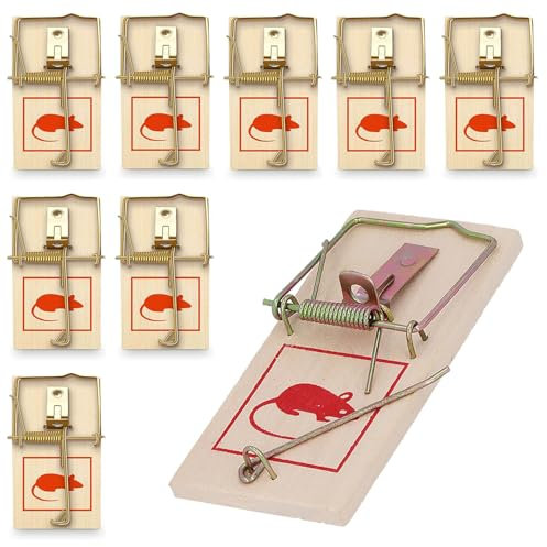 Pack of 8 Traditional Wooden Mouse Traps - Rodent Pest Control, Poison Free and Non-Toxic, Reusable Indoor Mice Trap