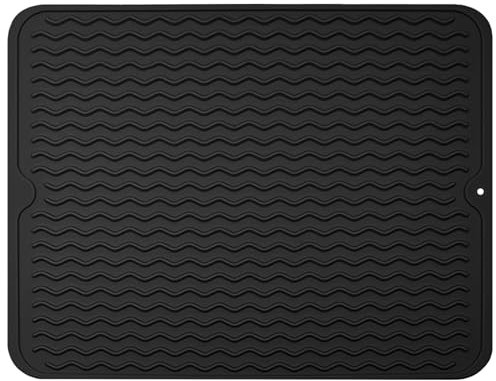 OSDUE Abtropfmatte Geschirr, 50 x 40 cm Abtropfmatte aus Silikon Spülbeckenmatte Hitzebeständige Rutschfeste Abtropfmatte mit Rillenstruktur für Küchenarbeitsplatten und Küchenspüle,Negro