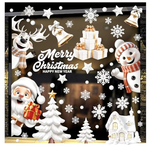 Fensterbilder Weihnachten,Fensterdeko Weihnachten mit 3D Weihnachtsmann, Rentiere, Glocken Schneeflocken Häuser,Groß Fensteraufkleber Weihnachtsdeko,Fenstersticker für Winter Fenster Weihnachts Deko
