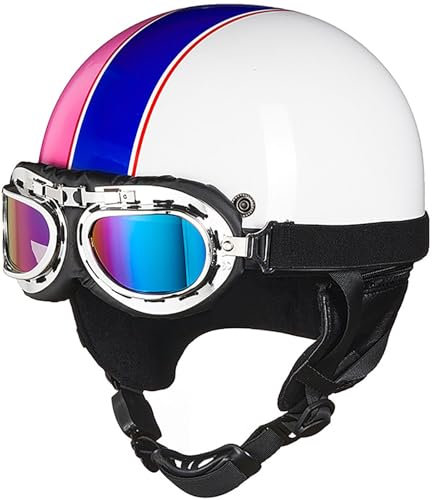 Mezzo Pelle Casco Da Moto, Casco Da Motociclista Semiaperto Con Occhiali, Casco Jet Vintage Omologato DOT/ECE, Casco A Scodella Caschi Cromwell Per Uomo Donna 2,54-59CM