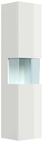 Lomadox Badezimmer Hochschrank 150 cm hoch in weiß Hochglanz, mit Glaselement, rechts/Links montierbar