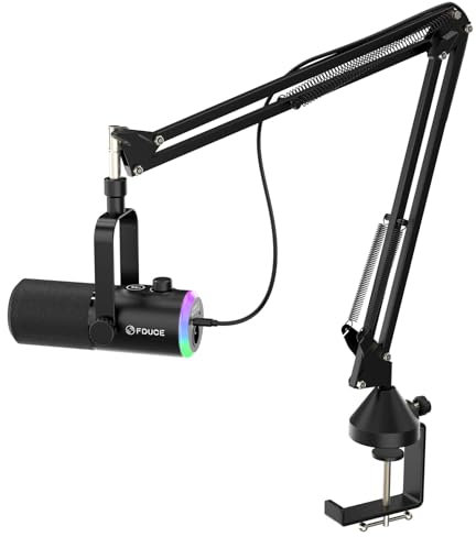 FDUCE Dynamisches USB/XLR-Gaming-Mikrofon für Podcast-Aufnahmen, PC-Computer-Gaming-Streaming-Gesangsmikrofon mit RGB-Licht, Stummschalttaste, Gain-Regler, Kopfhöreranschluss, mit Galgenarm (D30+)