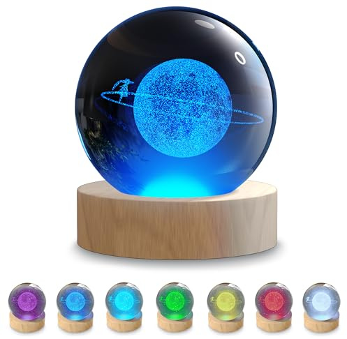 Nocturna de bola de cristal del sistema solar 3D, Esfera luminosa de Cristal K9 3D, Bola espacial de cristal LED para decoración de dormitorio, 6cm de Diámetro, on Base de Madera, USB