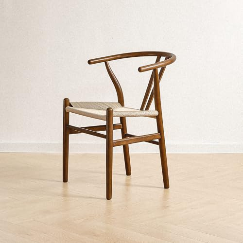 LIMHOME | FSC® Esszimmerstuhl Wishbone Stuhl aus Massivem Holz und Papierschnur | Keine Montage erforderlich|Natur/Schwarz/Beige (Walnuss)