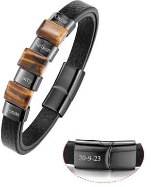 Zysta Herren Armband Personalisierte Tigerauge Lederarmband MIT Magnetverschluss Geschenk für Männer Papa (Schwarz Ringe)