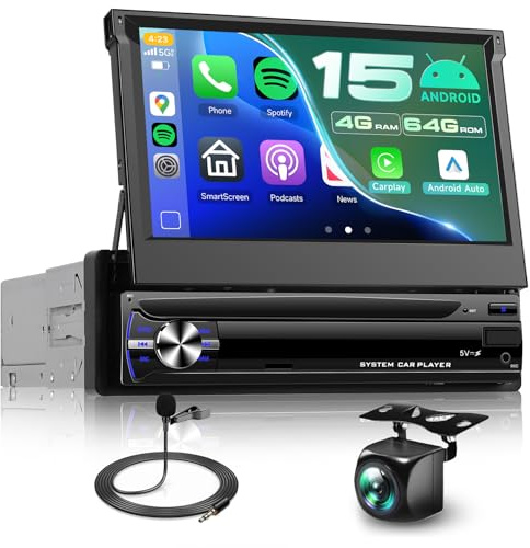 Hodozzy 4G+64G Android Single Din Car Stereo with Wireless Carplay and Android Auto, 7 Inch Flip Out Touchscreen GPS Navigation, Single Din Car Radio with Bluetooth, Wifi, FM/RDS Radio, Camera, USB