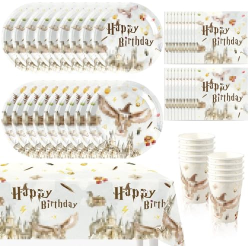Stoviglie per Feste di Compleanno Wizard, 51 pezzi Servizio da Tavola per Feste, Set di Stoviglie Magiche Wizard con Piatti Tovaglia Compleanno Tovaglioli, Bicchieri di Carta, Adatto per 10 Persone