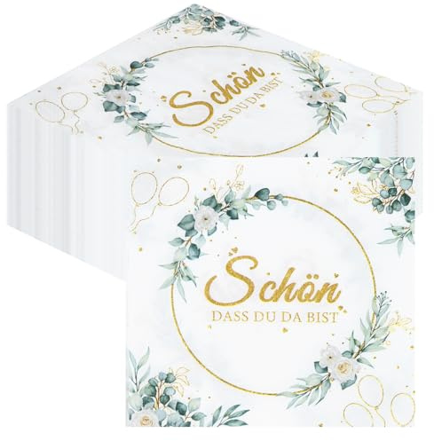 50 Stück Servietten Schön Dass Du Da Bist, 33x33cm Servietten Hochzeit Geburtstag Eukalyptus, Servietten Salbeigrün, Eukalyptus Grün, Geburtstagsservietten Taufe Kommunion Tischdeko