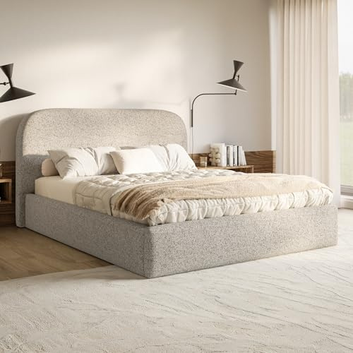 MOTIVENA Mono Bett 180x200 Beige Strukturstoff, mit Stauraum, mit Kopfteil, mit Lattenrost, ohne Füße, ohne Matratze, Polsterbett 180x200 mit Bettkasten Beige (Mix)