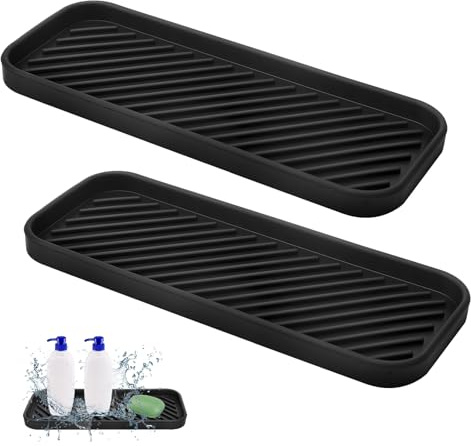 TMZELOA 2 Stück Silikon Abtropfmatte, 23 x 9 cm Schwarz Rutschfest Schmal Schnelltrocknend Silikon Spülbecken Organizer Spülbeckenmatte, Schwammhalter Küche für Schwämme Bürsten Seife