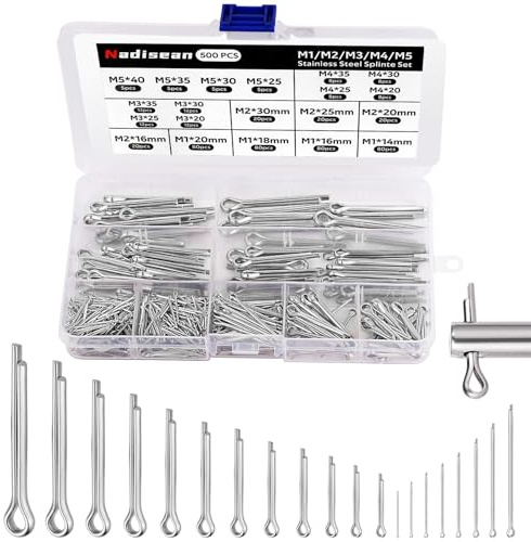 Nadisean 500Pcs Cotter Pins Assortment Kit, 304 Stainless Steel Split Pins, 20 Sizes U Sharp Cotter Pin with Storagebox (M1 M2 M3 M4 M5), Clip Key Fastener Fitting Panel Pin Kit for Auto, Mechanics