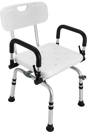 Silla de ducha, giratoria 360°, con reposabrazos y respaldo, altura regulable, capacidad de carga 180 kg, para personas mayores, embarazadas, plata, negro