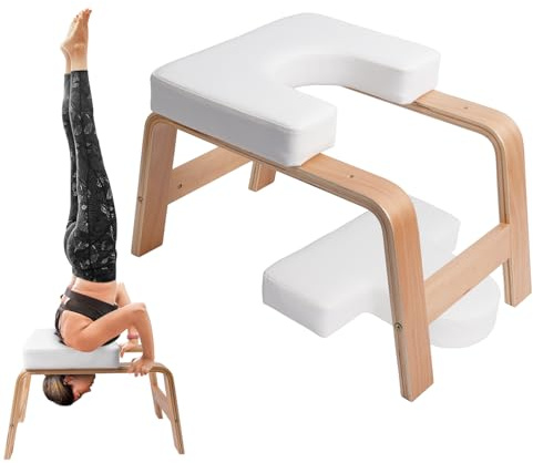 QVEEQ Yoga Headstand Bench, Yoga Inversion Chair, Headstand Trainer with Wood Frame and Pu Pad,Stand Yoga Chair Stress Relief, Balance Training, Body Shaping, Load Capacity 300 Pounds (Wood, White)