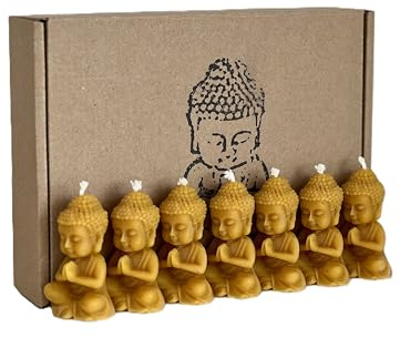 RS Lot de 7 bougies Bouddha - 100 % cire d'abeille - Figurines de Bouddha faites à la main en cire naturelle - Pour méditation, yoga, décoration et rituels - Sans additifs