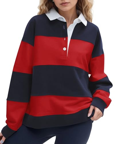 Ardrem Women Oversized Striped Polo Sweatshirt Color Block Lapel Collared Pullover Tops Striped Long Sleeve Rugby Shirts