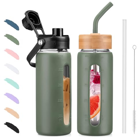 BLUEGO Borraccia in vetro da 600ml con cannuccia e 2 coperchi, tazza da caffè in vetro con custodia in silicone, senza BPA, Verde oliva