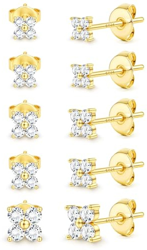 Morfetto 5 Paar Ohrringe Silber 925 Hypoallergene Ohrstecker Set Damen - Kleine 14K Gold Vergoldet Ohrstecker Zirconia Kugel Herz Blumen Perlen Ohrringe Silber 925 Stecker Schmuck Geschenke